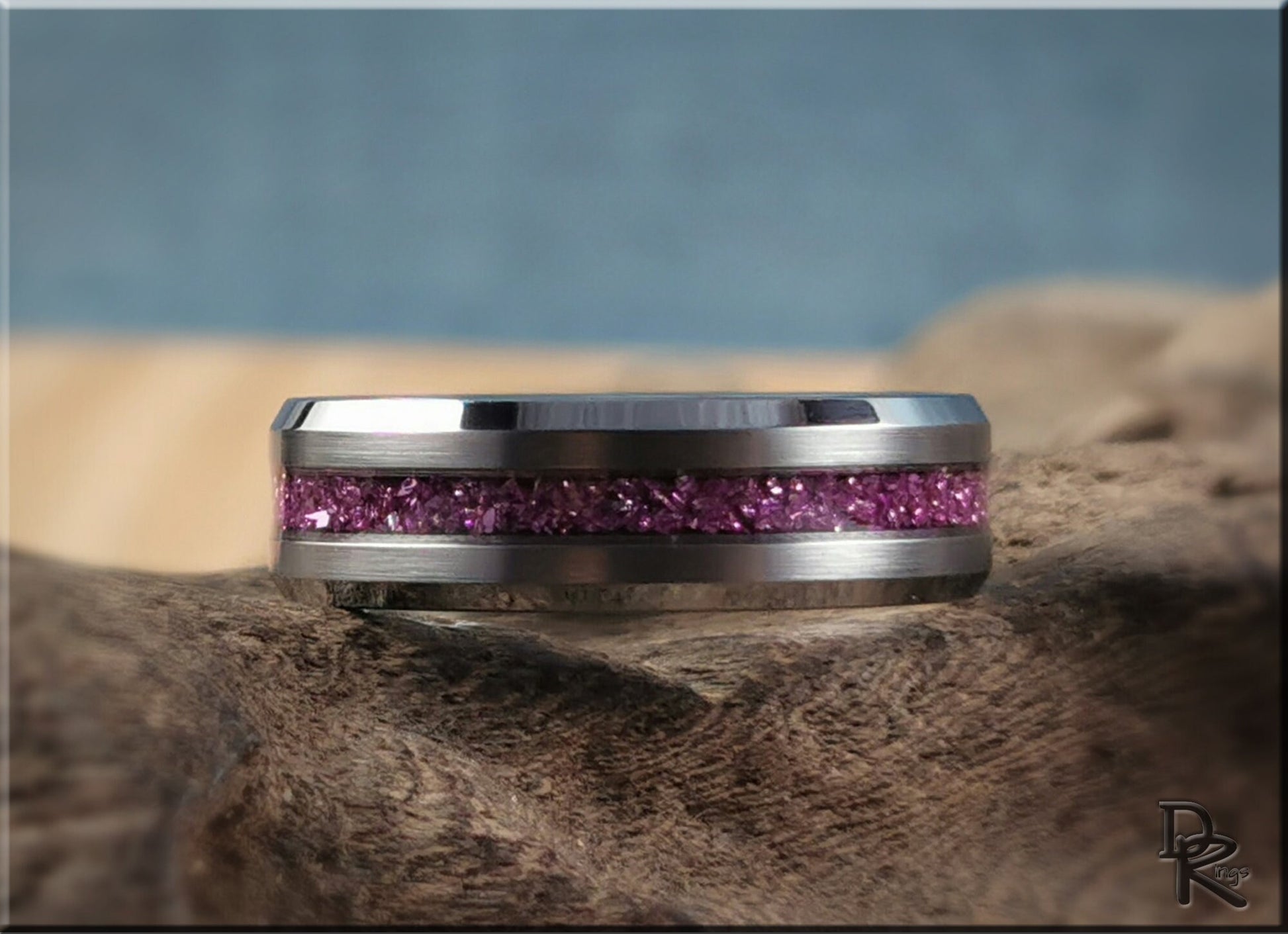 Thin Line Tungsten Carbide Channel Ring w/Lilac German Glass inlay - metal ring