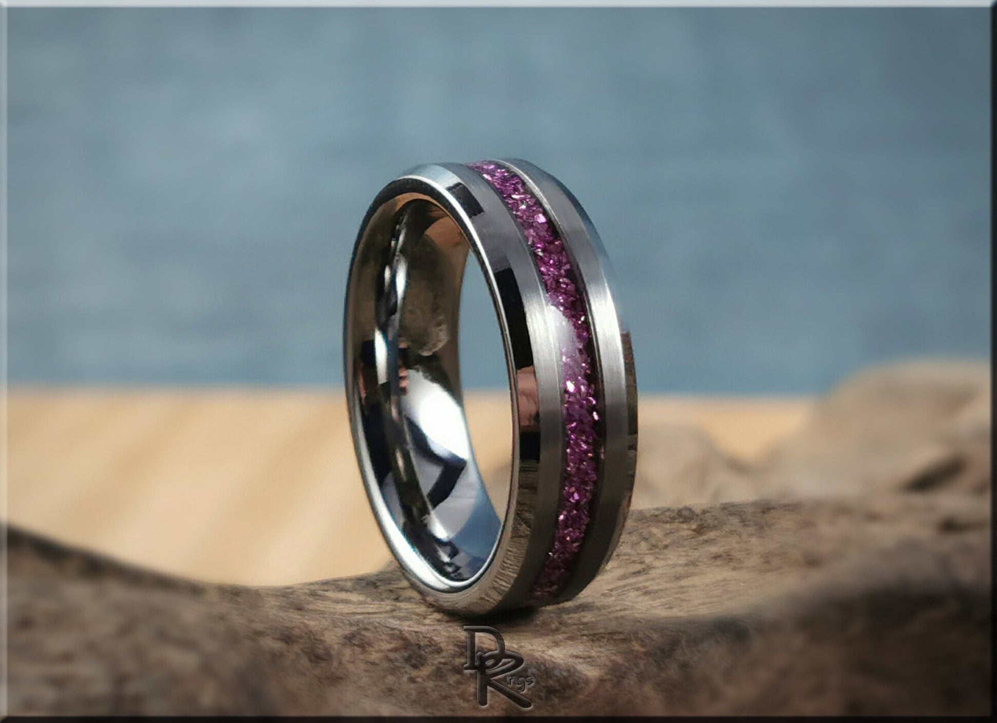 Thin Line Tungsten Carbide Channel Ring w/Lilac German Glass inlay - metal ring