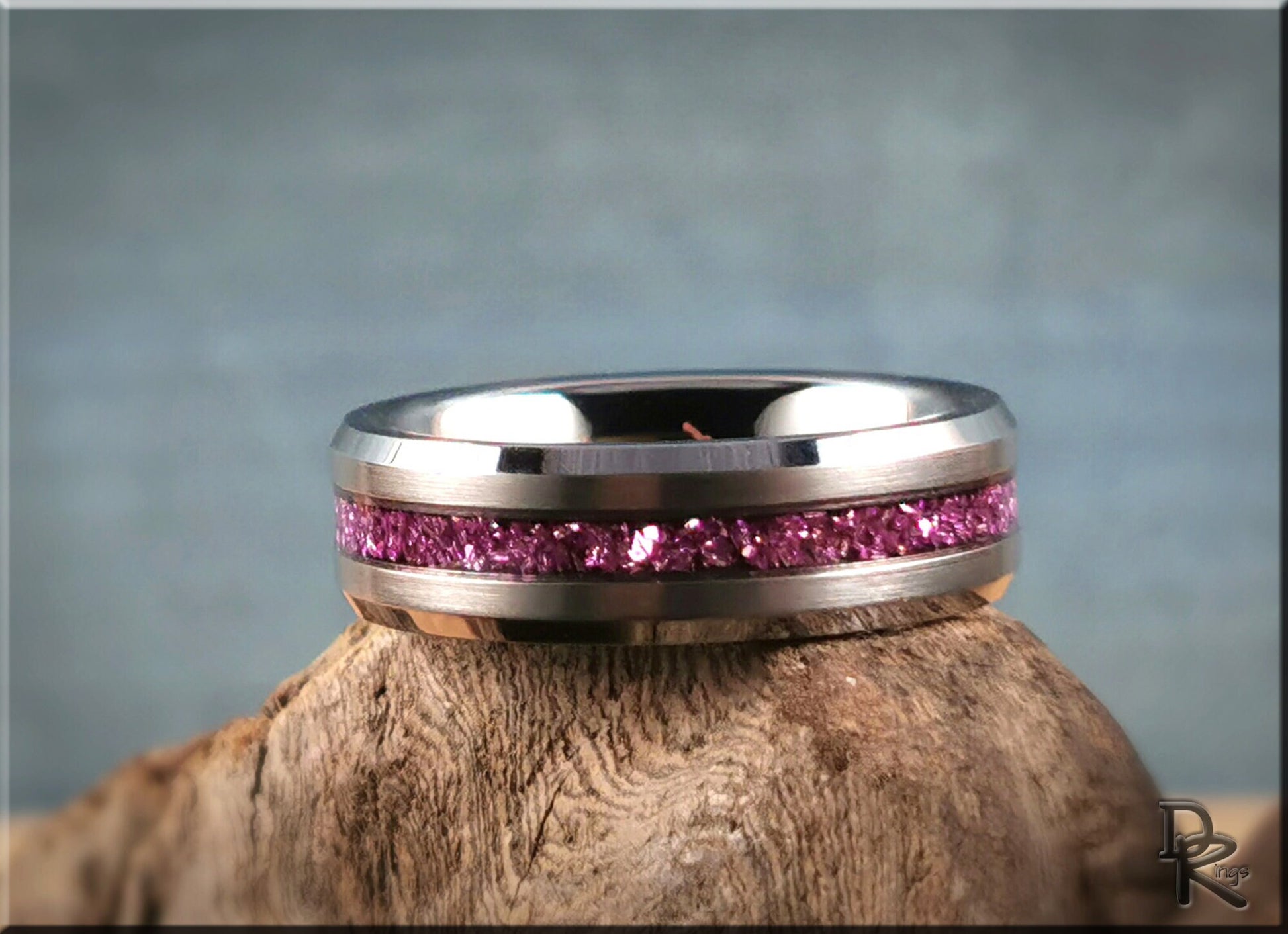 Thin Line Tungsten Carbide Channel Ring w/Lilac German Glass inlay - metal ring