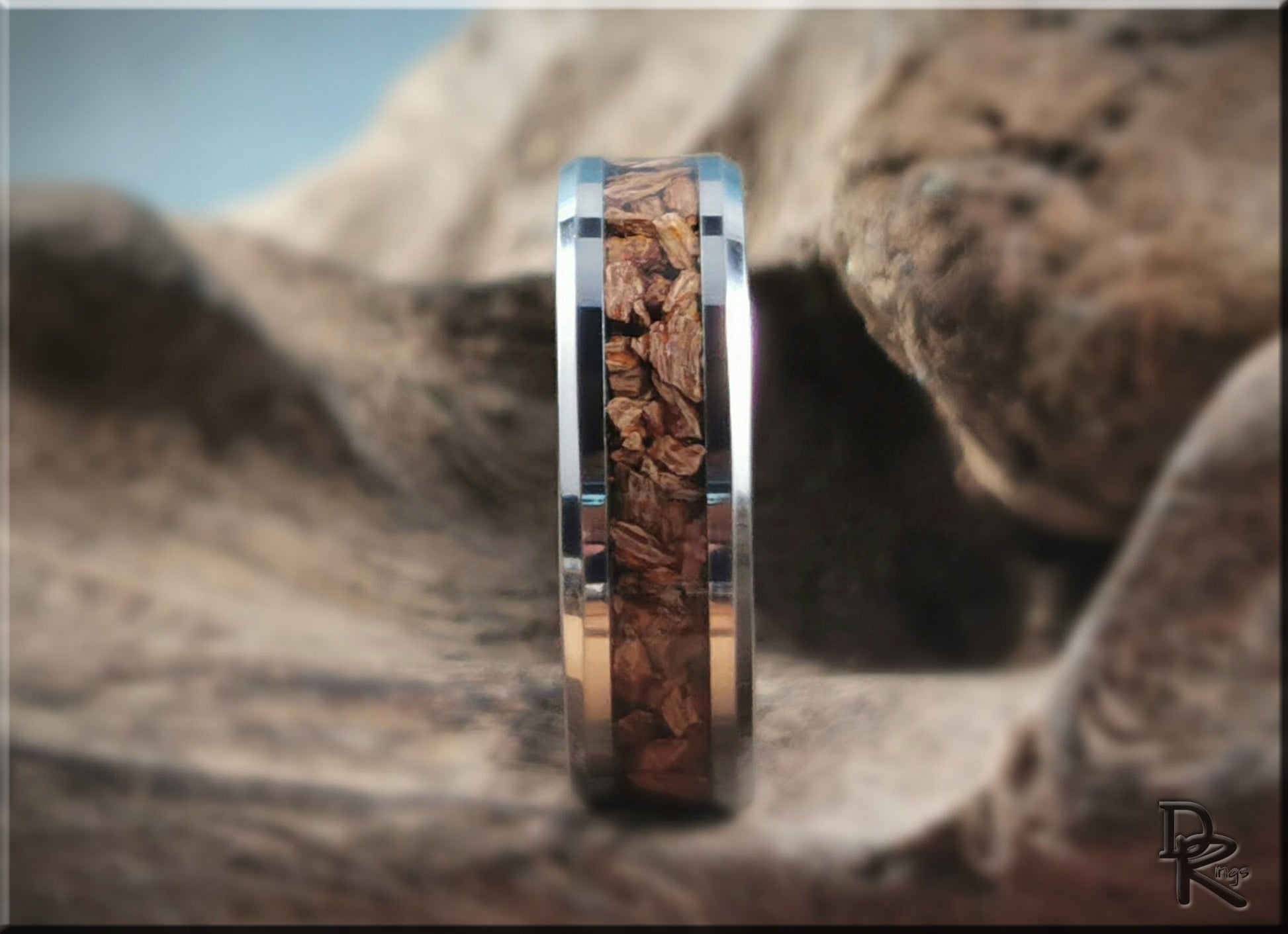 Tungsten Carbide Channel Ring w/Genuine Fossilised Triceratops Bone inlay - metal ring