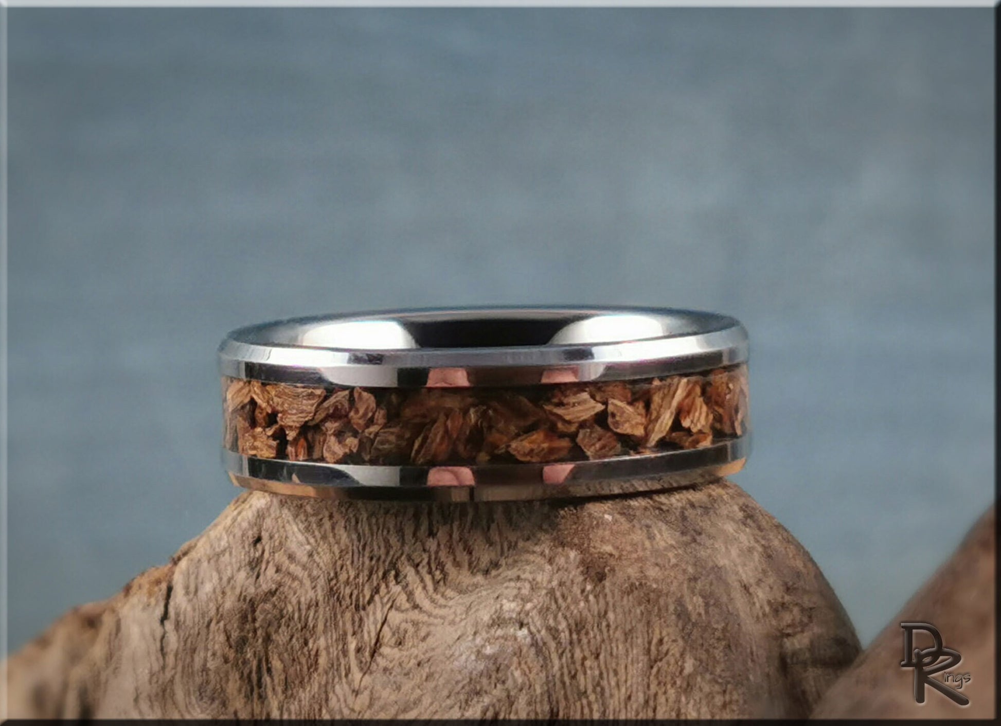 Tungsten Carbide Channel Ring w/Genuine Fossilised Triceratops Bone inlay - metal ring