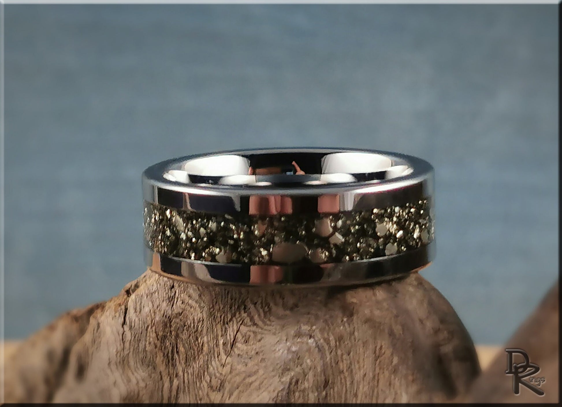 Flat Edge Tungsten Carbide Channel Ring w/Cocada Pyrite inlay - metal ring
