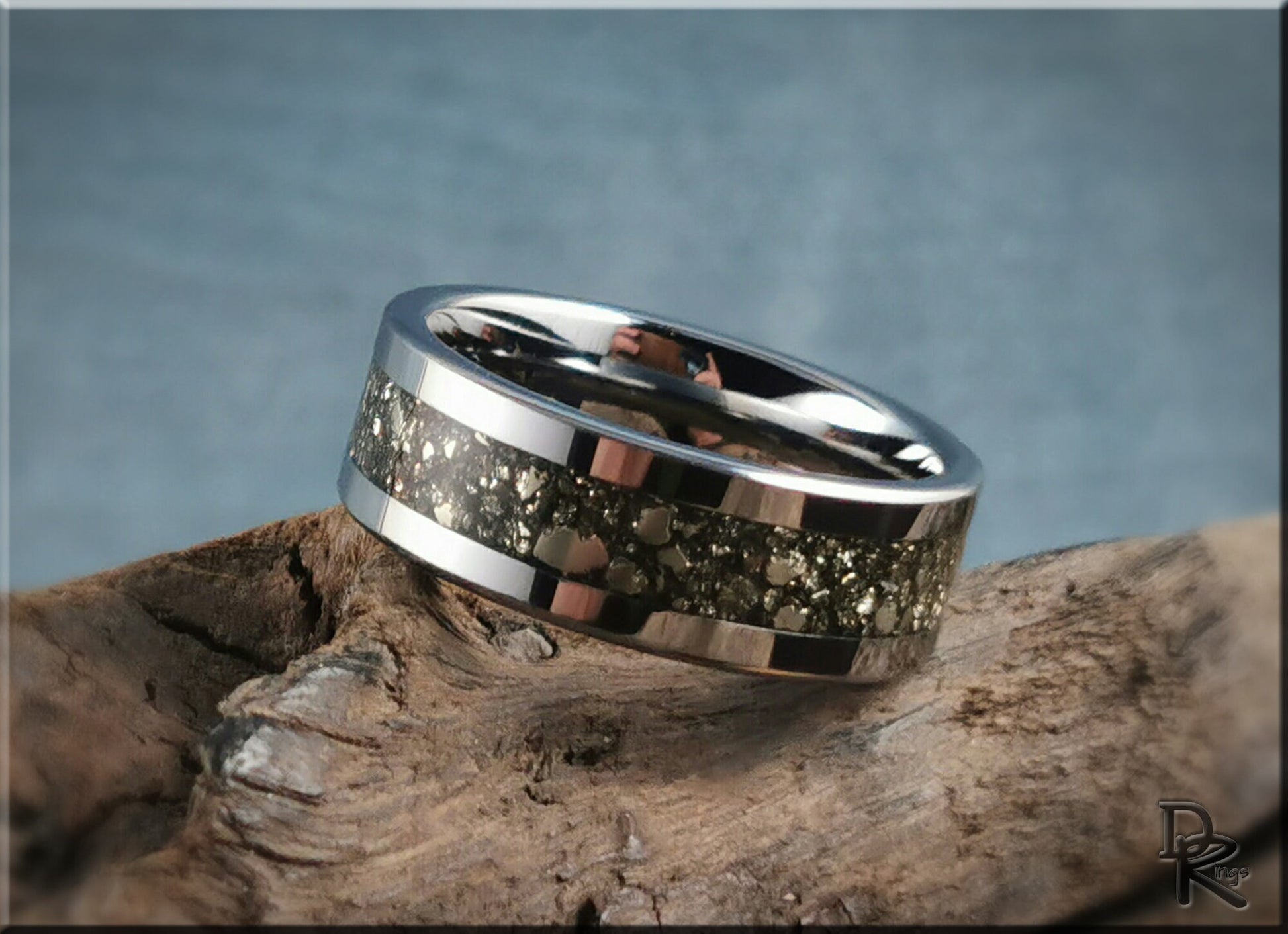 Flat Edge Tungsten Carbide Channel Ring w/Cocada Pyrite inlay - metal ring