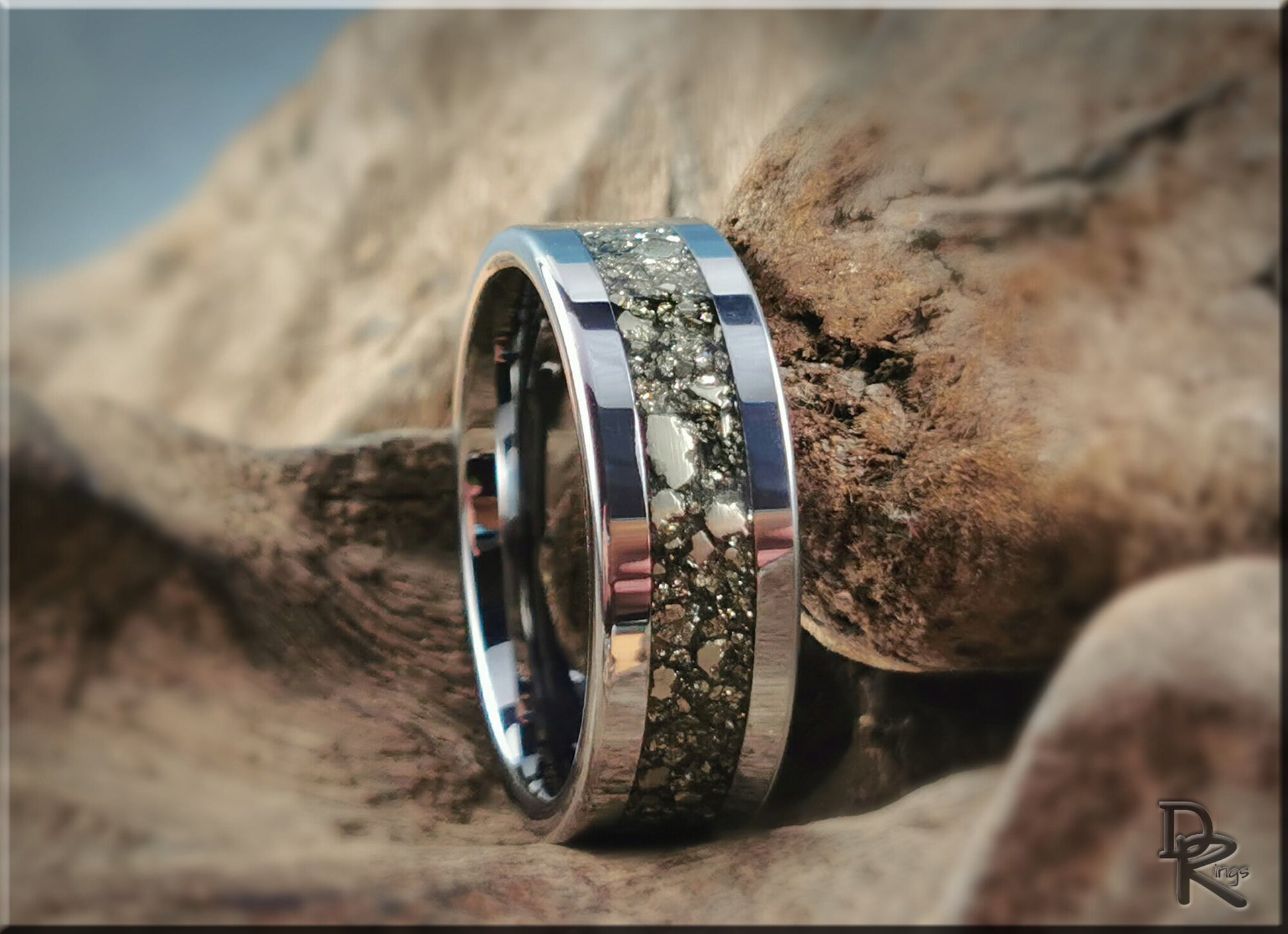 Flat Edge Tungsten Carbide Channel Ring w/Cocada Pyrite inlay - metal ring
