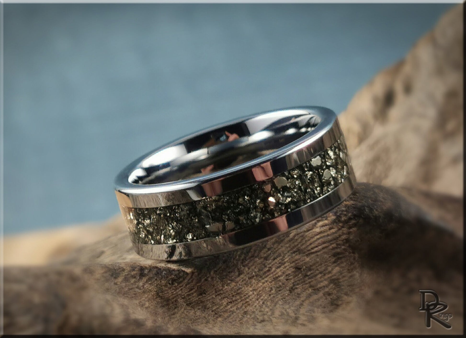 Flat Edge Tungsten Carbide Channel Ring w/Cocada Pyrite inlay - metal ring