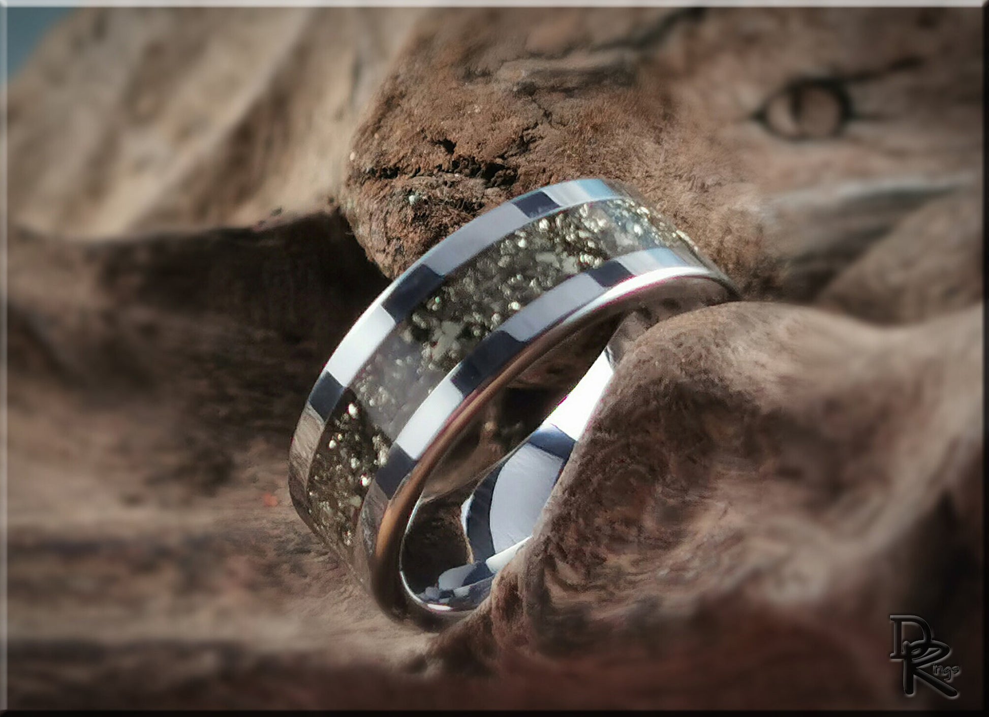 Flat Edge Tungsten Carbide Channel Ring w/Cocada Pyrite inlay - metal ring