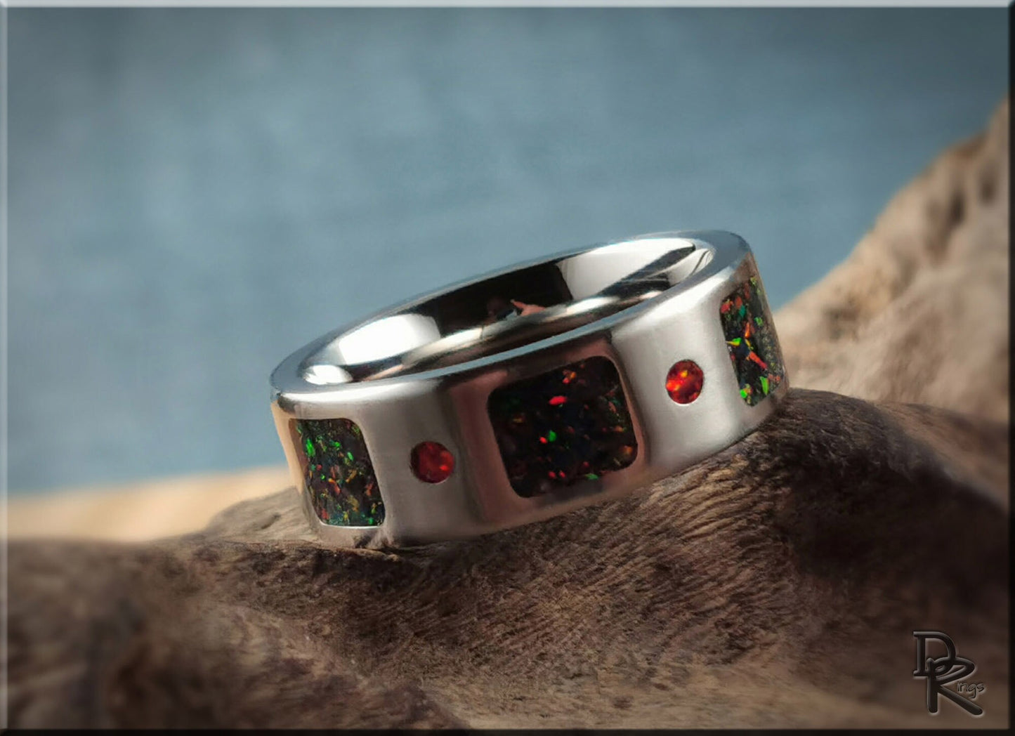 The 'Square Circle' Titanium Pattern Ring w/Dual Opal inlay - metal ring