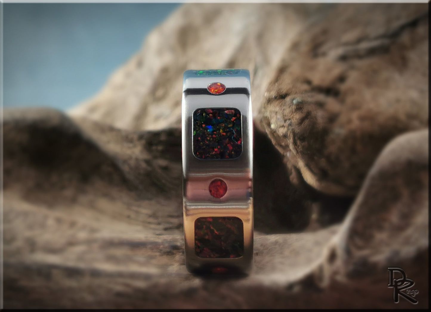 The 'Square Circle' Titanium Pattern Ring w/Dual Opal inlay - metal ring