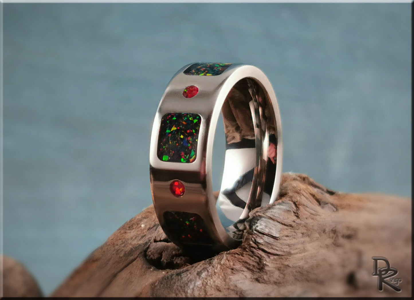 The 'Square Circle' Titanium Pattern Ring w/Dual Opal inlay - metal ring