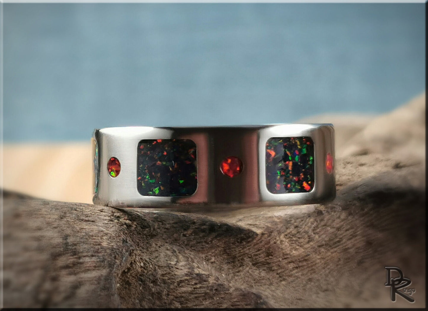 The 'Square Circle' Titanium Pattern Ring w/Dual Opal inlay - metal ring