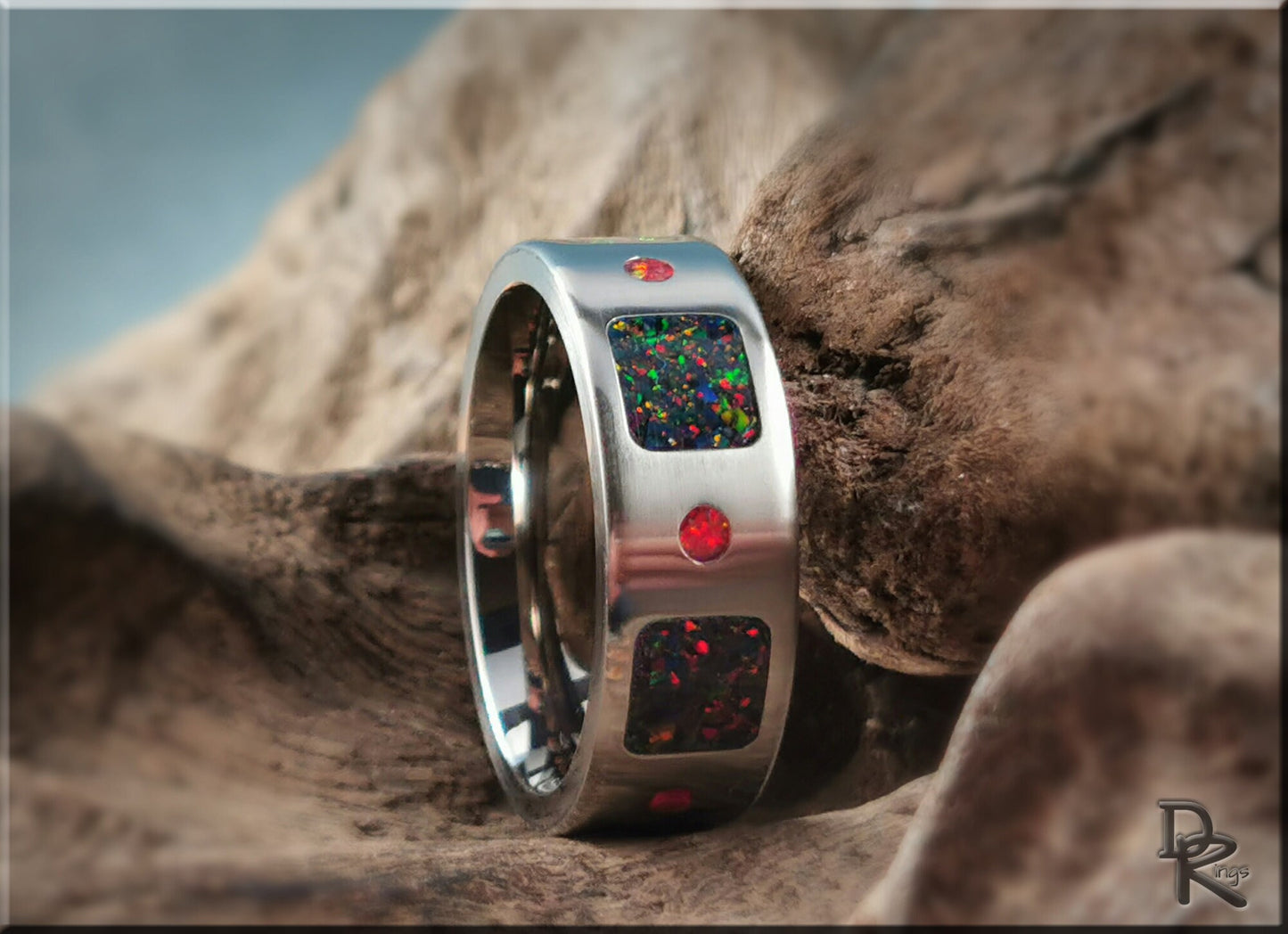 The 'Square Circle' Titanium Pattern Ring w/Dual Opal inlay - metal ring