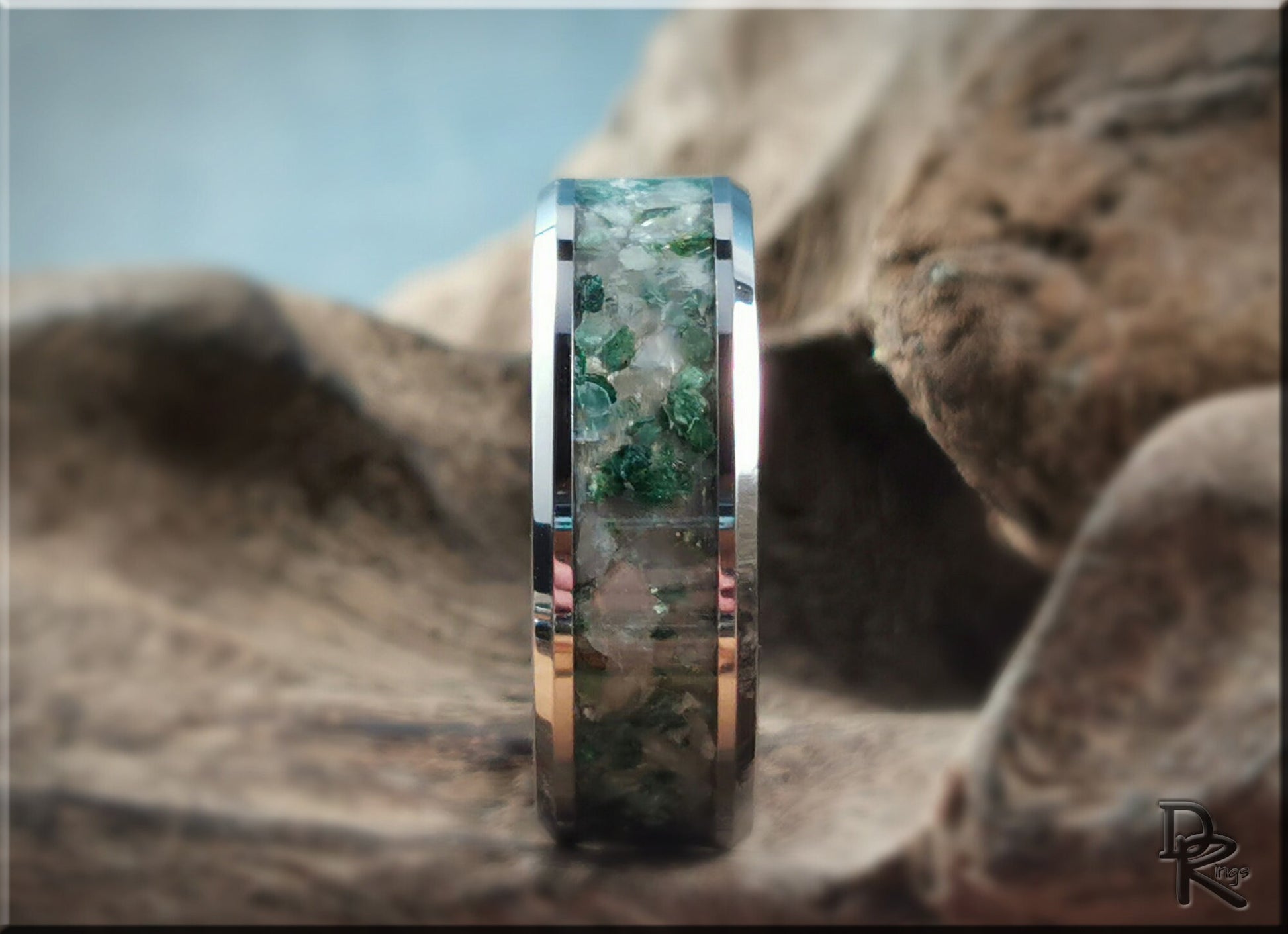 Tungsten Carbide Channel Ring w/Moonstone and Green Mica blended stone inlay - metal ring