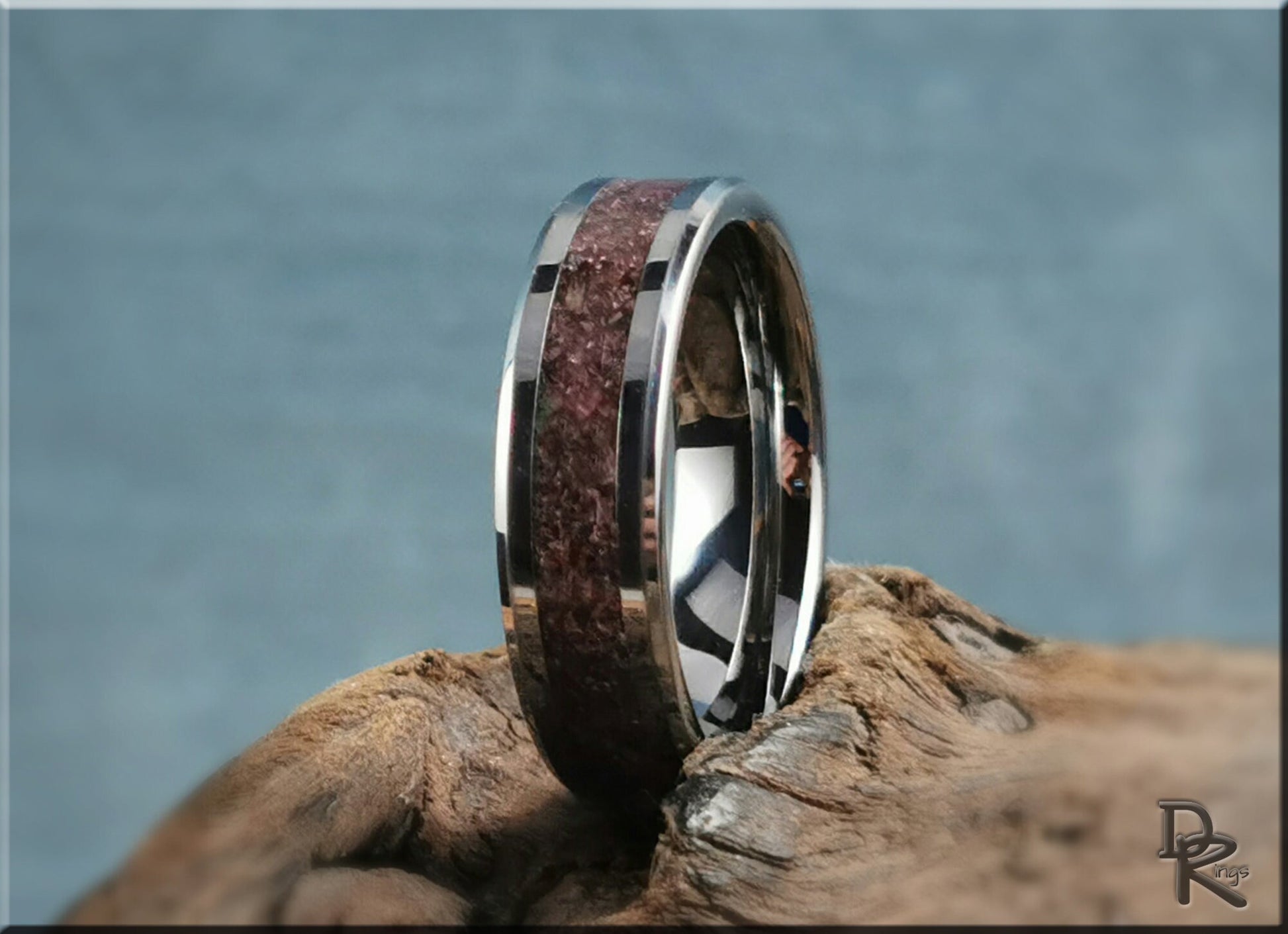 Tungsten Carbide Channel Ring w/Garnet stone inlay - metal ring