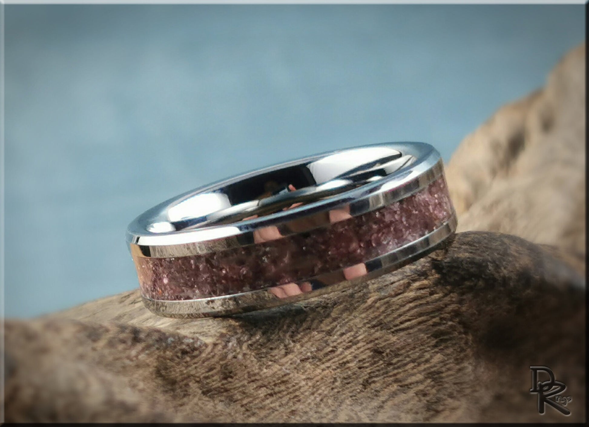 Tungsten Carbide Channel Ring w/Garnet stone inlay - metal ring