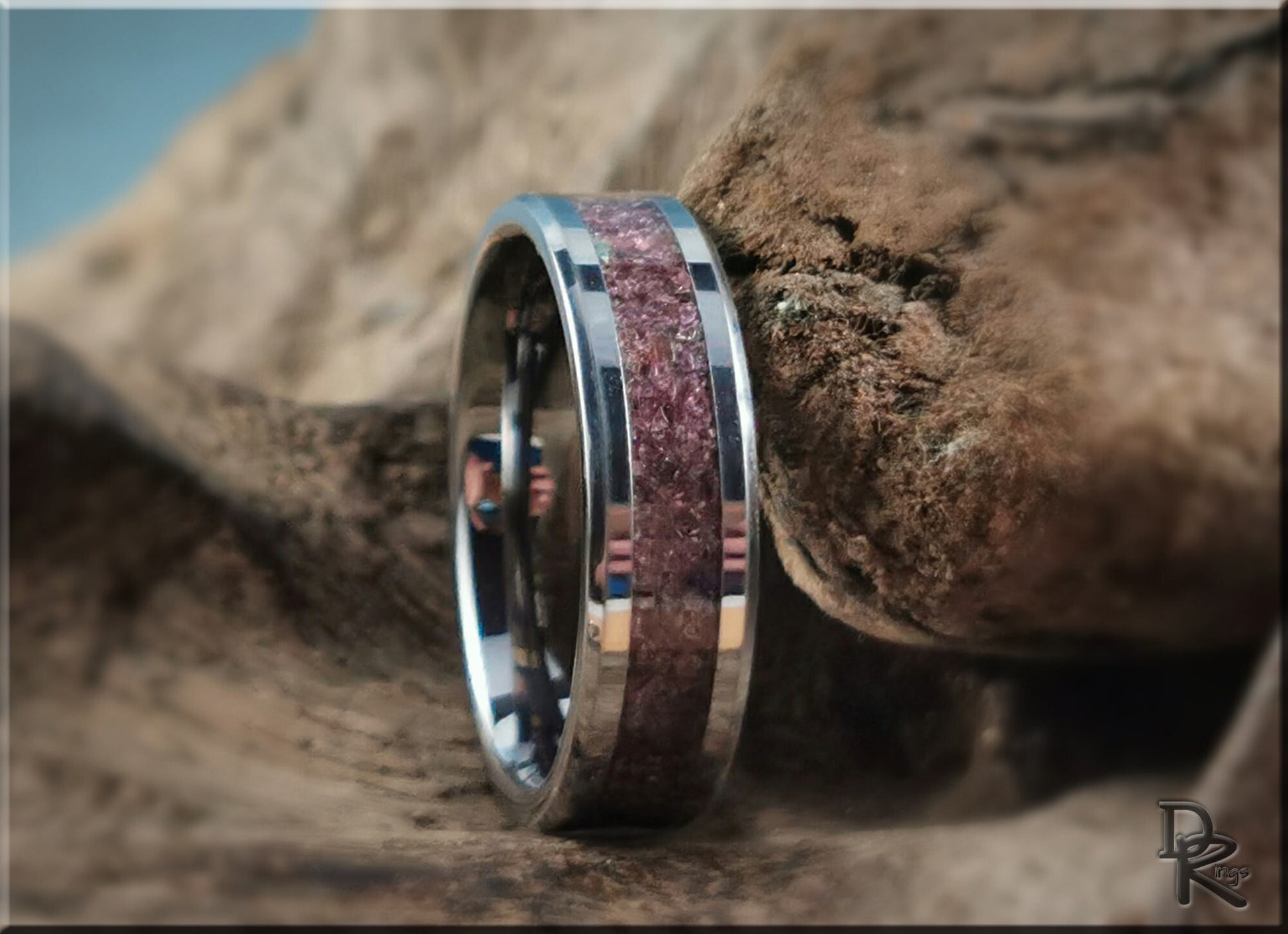 Tungsten Carbide Channel Ring w/Garnet stone inlay - metal ring