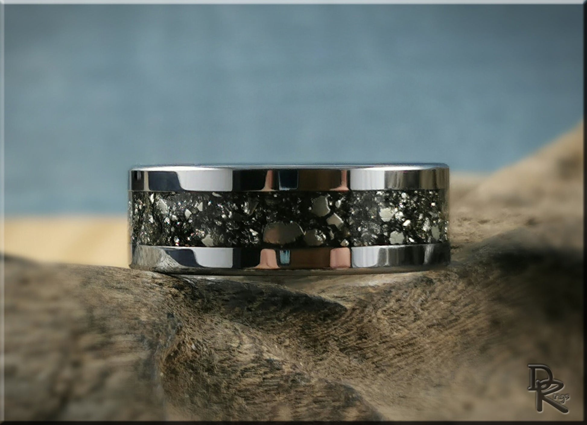 Flat Edge Tungsten Carbide Channel Ring w/Cocada Pyrite inlay - metal ring