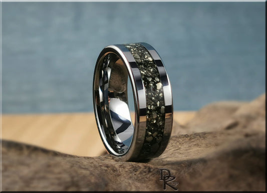 Flat Edge Tungsten Carbide Channel Ring w/Cocada Pyrite inlay - metal ring