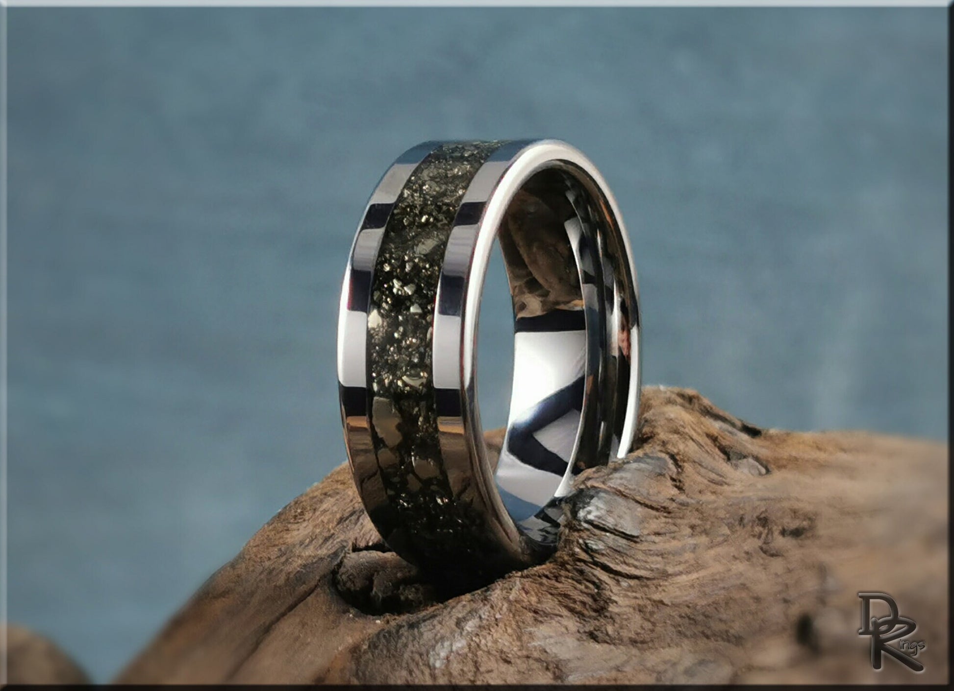 Flat Edge Tungsten Carbide Channel Ring w/Cocada Pyrite inlay - metal ring