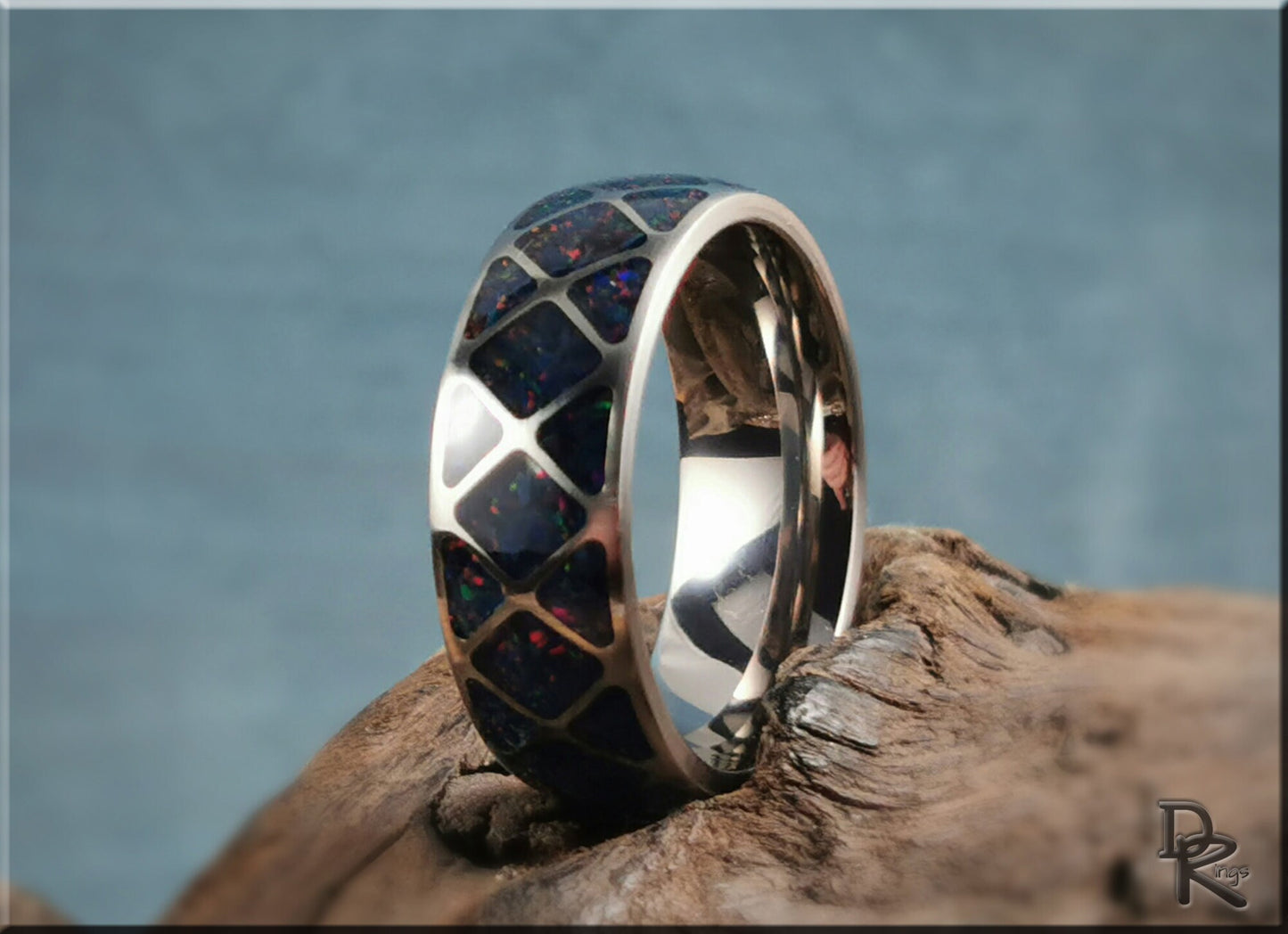 The 'Diamond Triangle' Titanium Pattern Ring w/Opal inlay - metal ring
