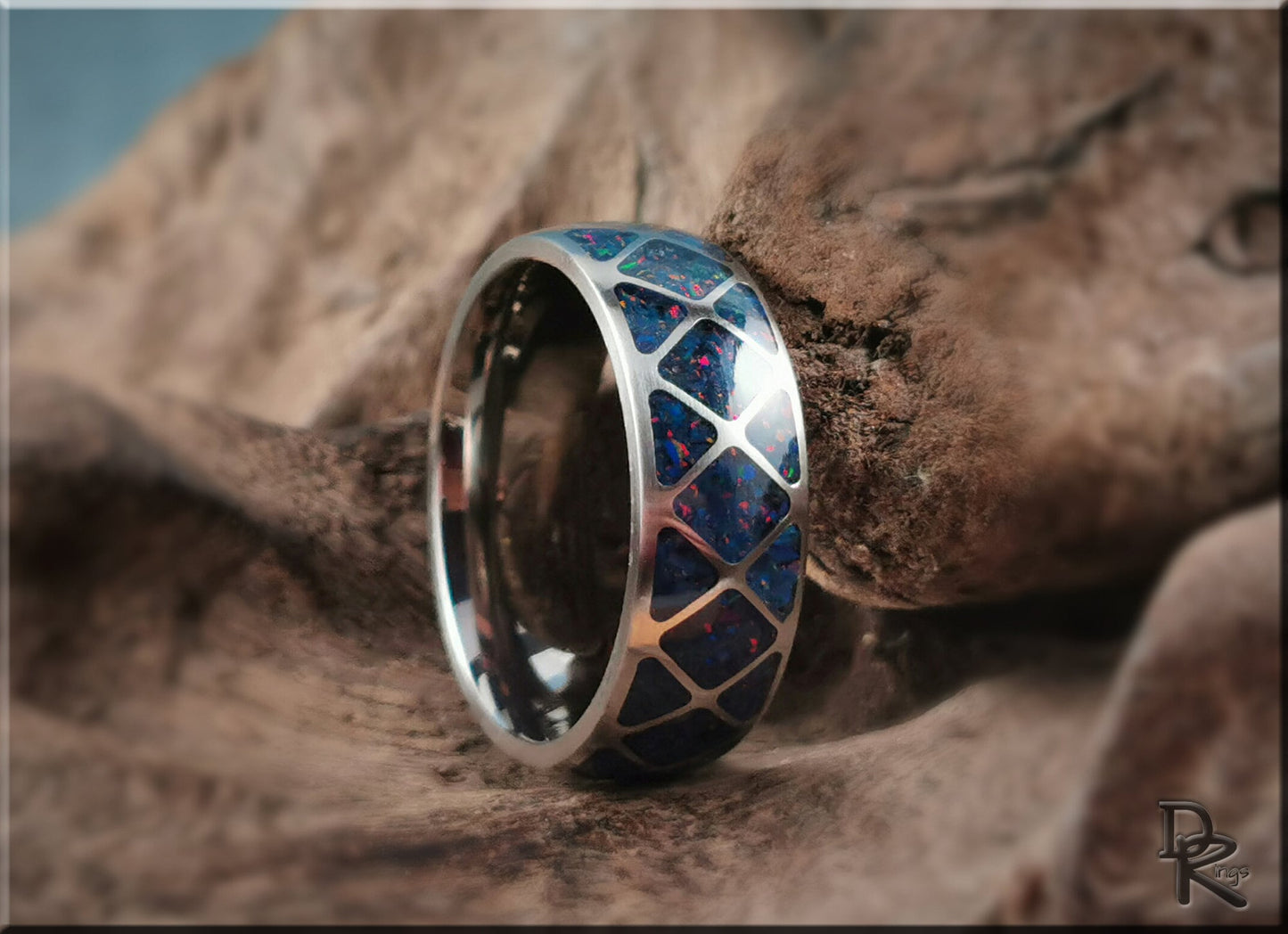 The 'Diamond Triangle' Titanium Pattern Ring w/Opal inlay - metal ring