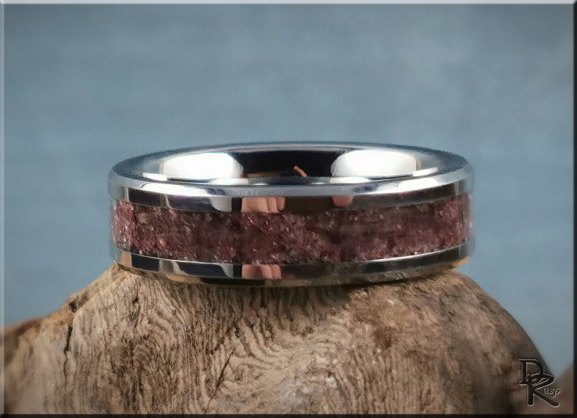 Tungsten Carbide Channel Ring w/Garnet stone inlay - metal ring