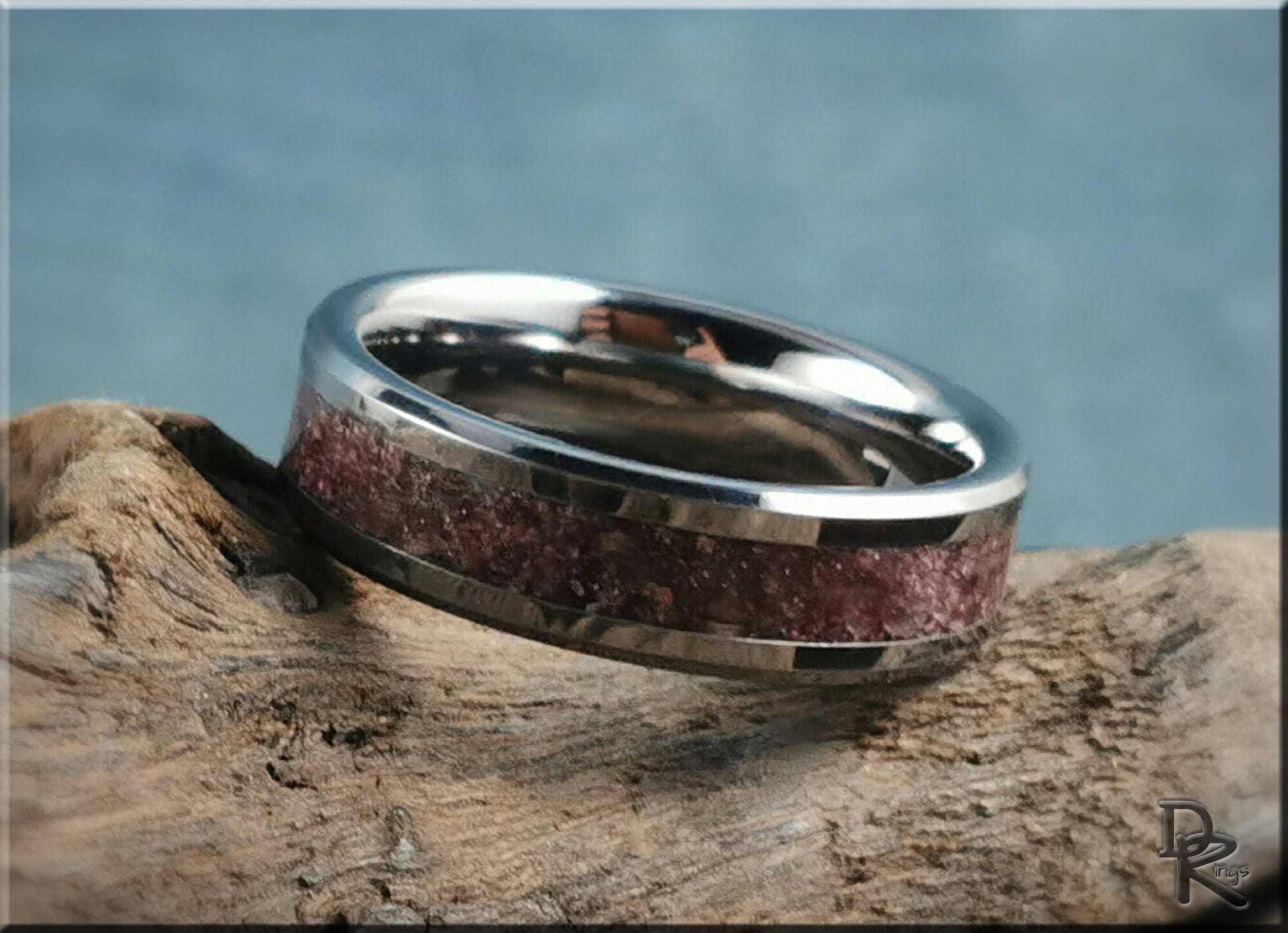 Tungsten Carbide Channel Ring w/Garnet stone inlay - metal ring