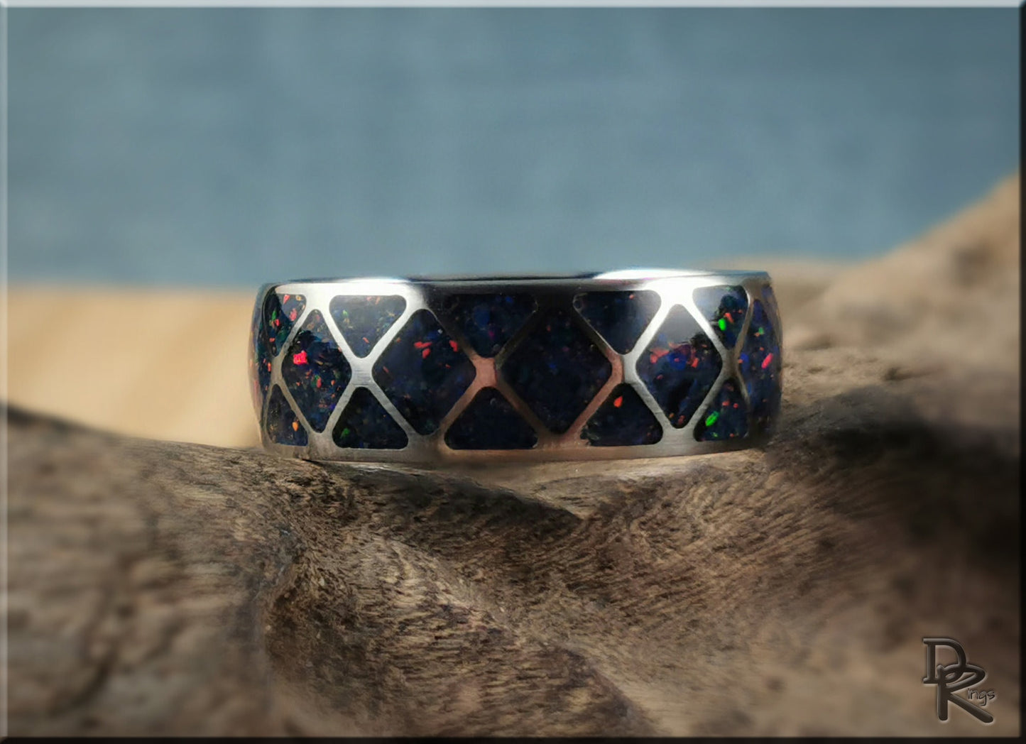 The 'Diamond Triangle' Titanium Pattern Ring w/Opal inlay - metal ring