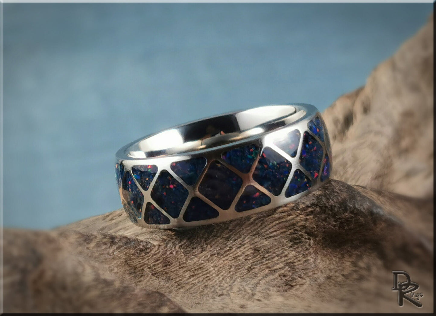 The 'Diamond Triangle' Titanium Pattern Ring w/Opal inlay - metal ring