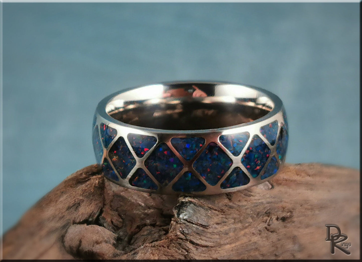 The 'Diamond Triangle' Titanium Pattern Ring w/Opal inlay - metal ring