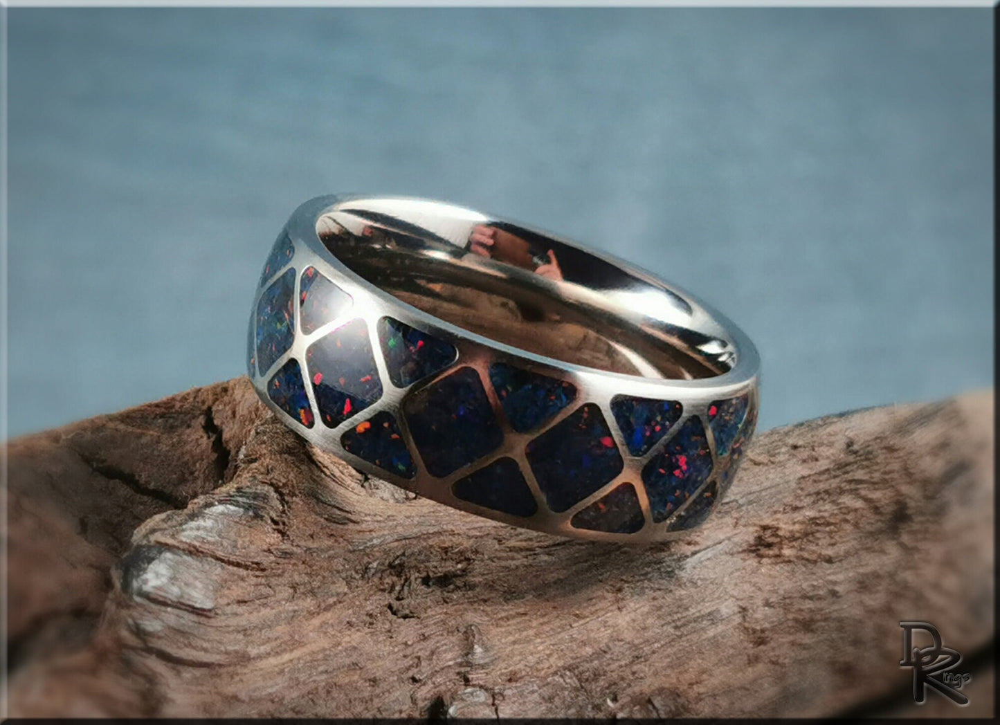 The 'Diamond Triangle' Titanium Pattern Ring w/Opal inlay - metal ring