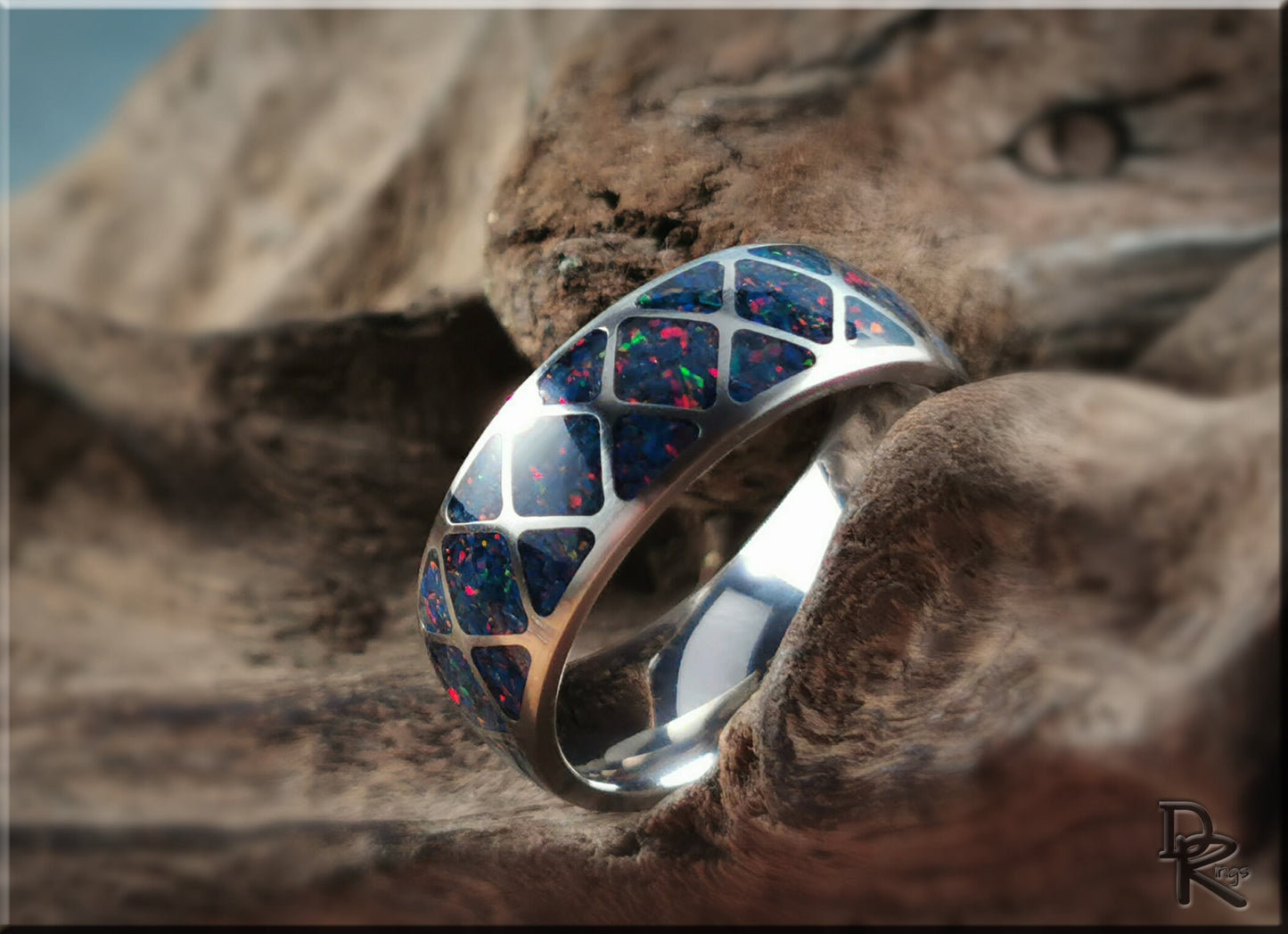 The 'Diamond Triangle' Titanium Pattern Ring w/Opal inlay - metal ring