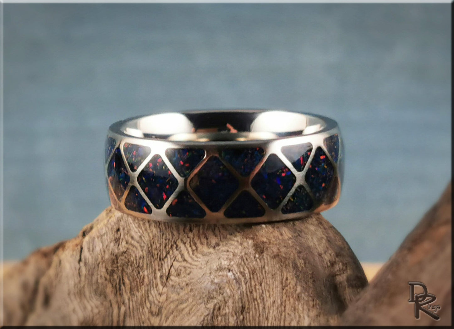 The 'Diamond Triangle' Titanium Pattern Ring w/Opal inlay - metal ring