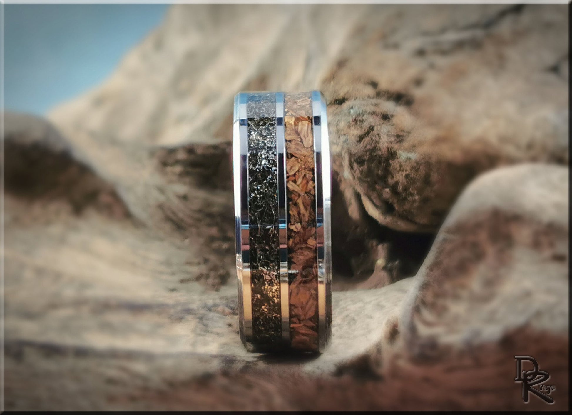 Tungsten Carbide 8mm Dual-Channel Ring with Meteorite and Triceratops Bone inlays - metal ring