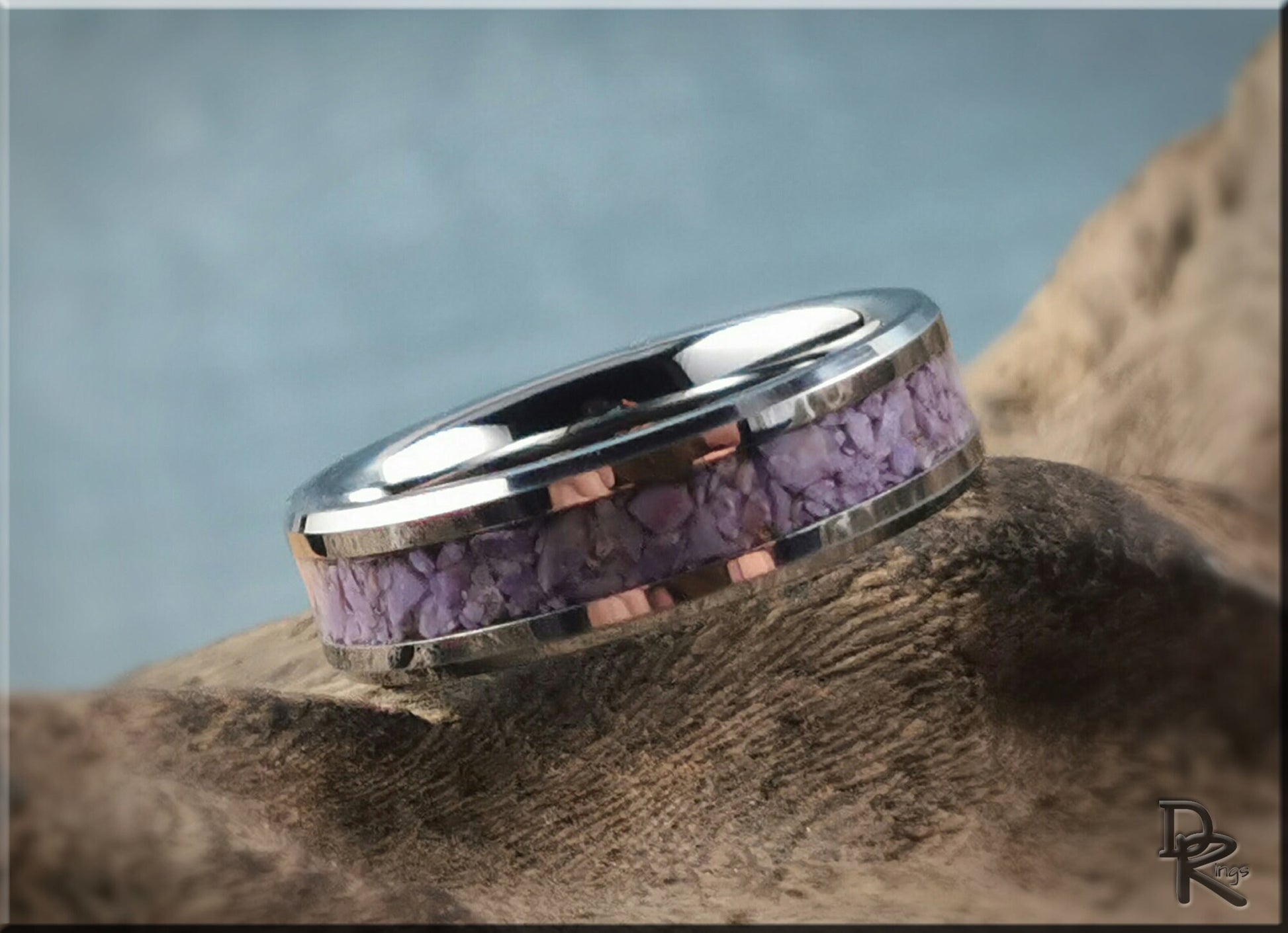 Tungsten Carbide Channel Ring w/Turkish Purple Jade inlay - metal ring