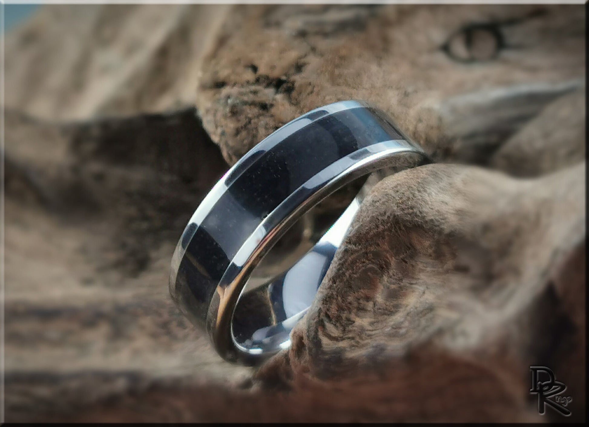 Flat Edge Tungsten Carbide Channel Ring w/Noble Shungite inlay - metal ring