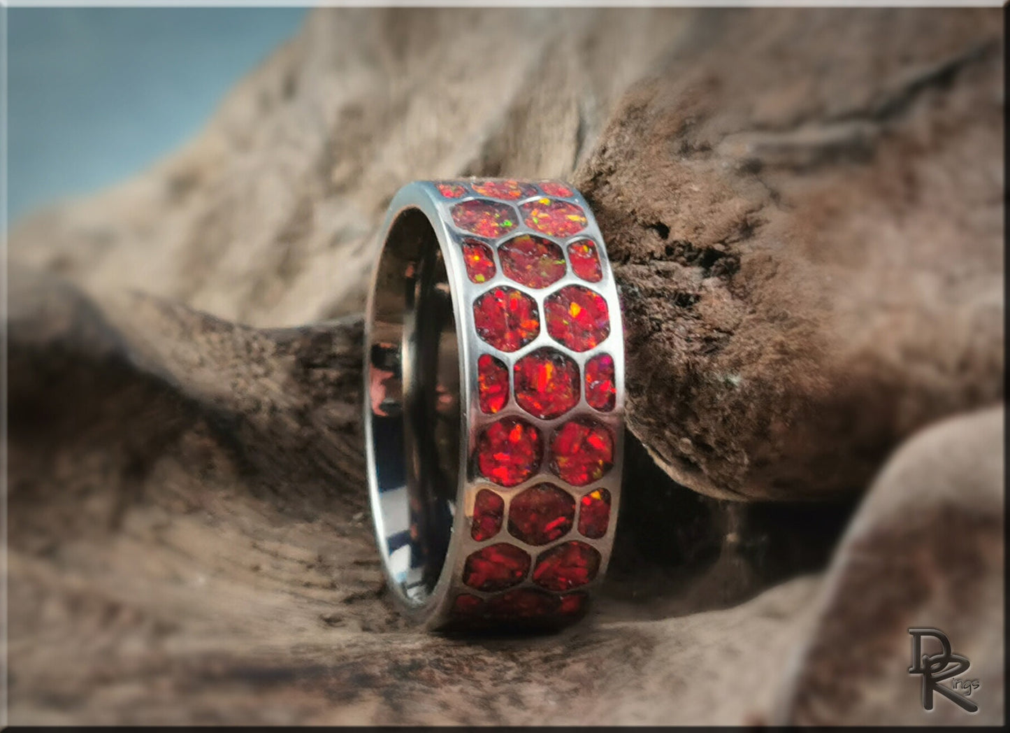 Titanium Honeycomb Pattern Ring w/Opal inlay - metal ring