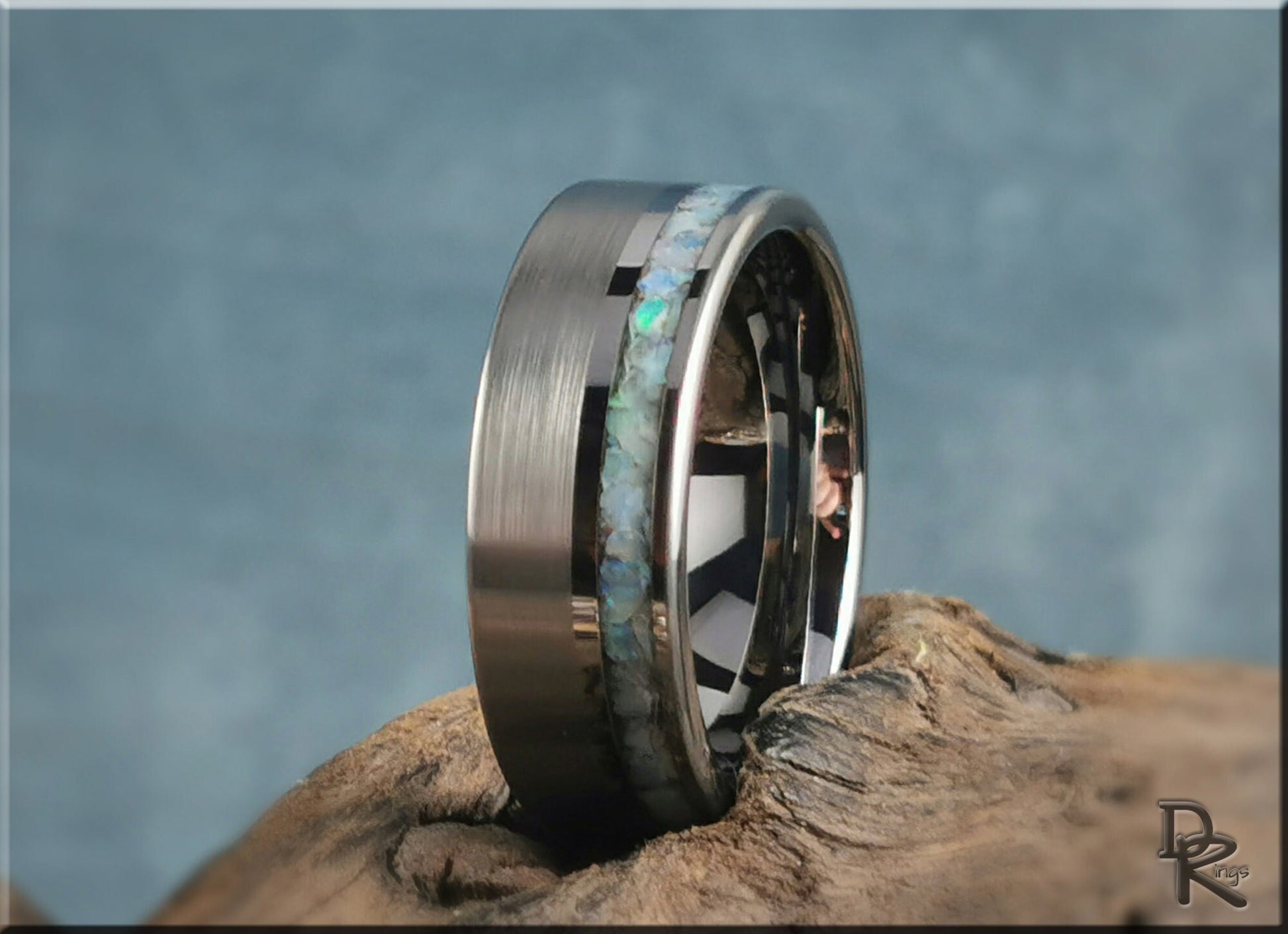 Hammered Tungsten Carbide Channel Ring w/offset Australian Cream Opal inlay - metal ring