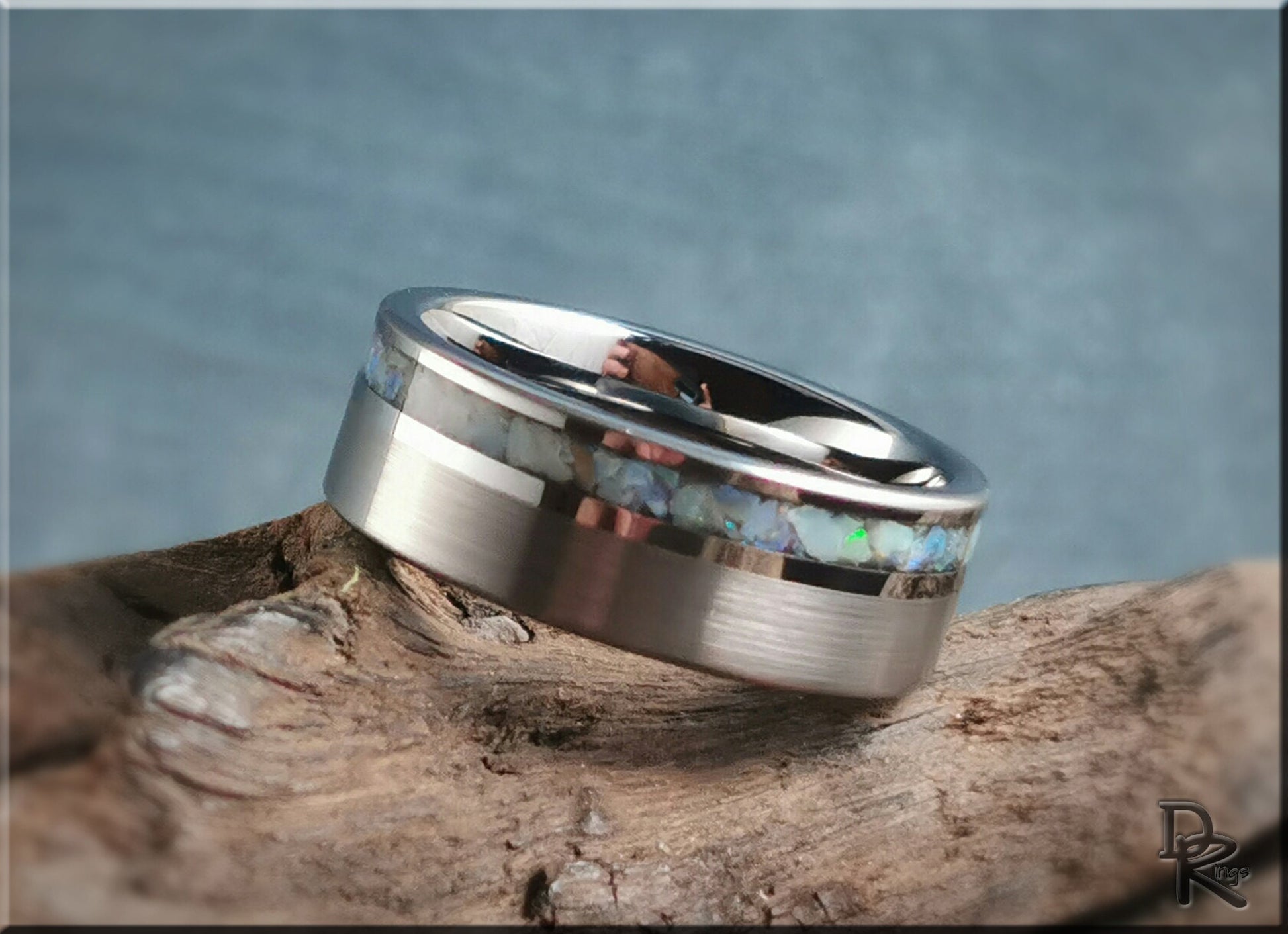 Hammered Tungsten Carbide Channel Ring w/offset Australian Cream Opal inlay - metal ring
