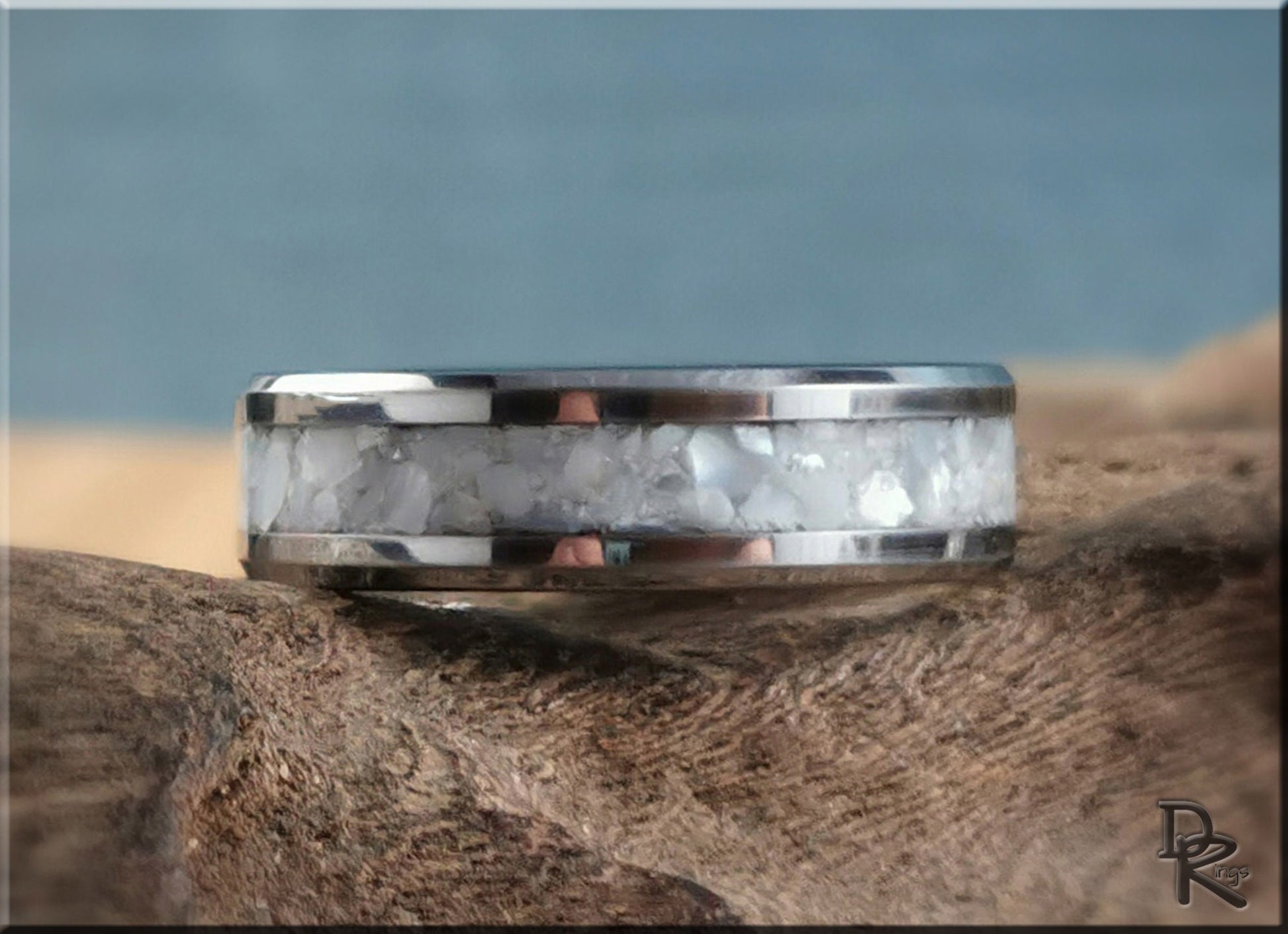 Tungsten Carbide Channel Ring w/White Mother of Pearl inlay - metal ring