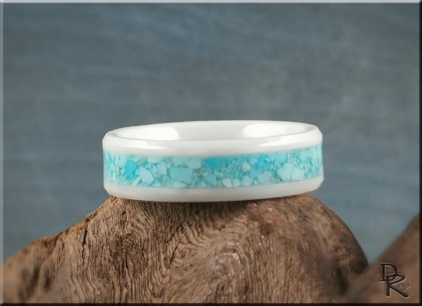 Polished White Ceramic Channel Ring w/Sleeping Beauty Turquoise inlay - ceramic ring