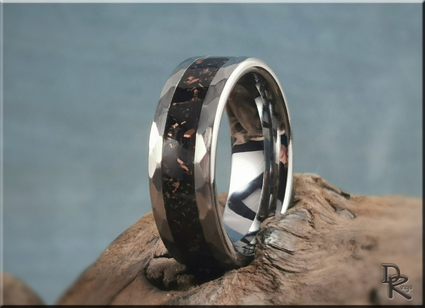 Hammered Tungsten Carbide Ring with TruStone inlay - 8mm metal ring