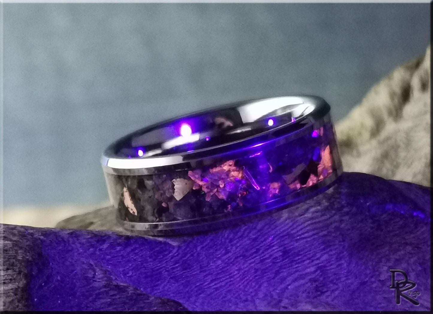 Tungsten Carbide Channel Ring w/Yooperlite, Keweenaw Copper, and Opal inlay - metal ring