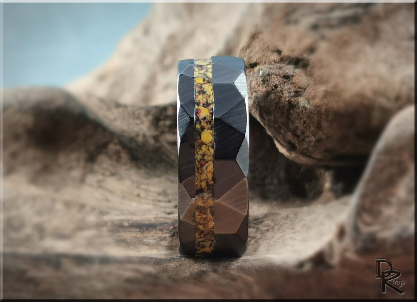 Hammered Black Ceramic Ring w/offset TruStone inlay - 8mm ceramic ring