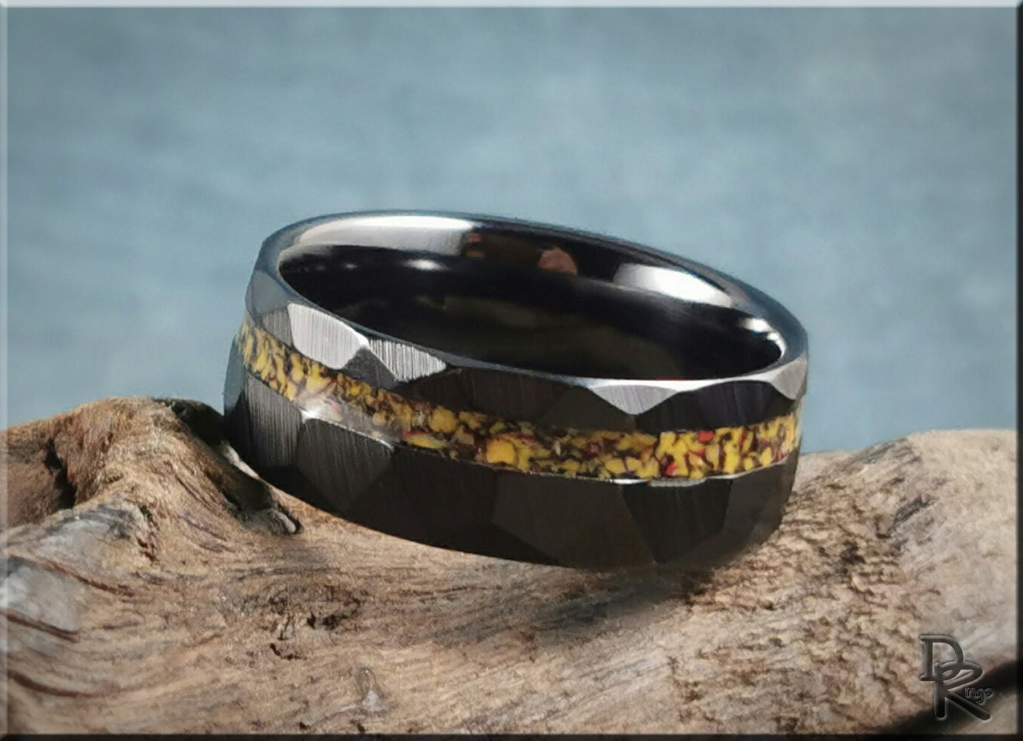 Hammered Black Ceramic Ring w/offset TruStone inlay - 8mm ceramic ring