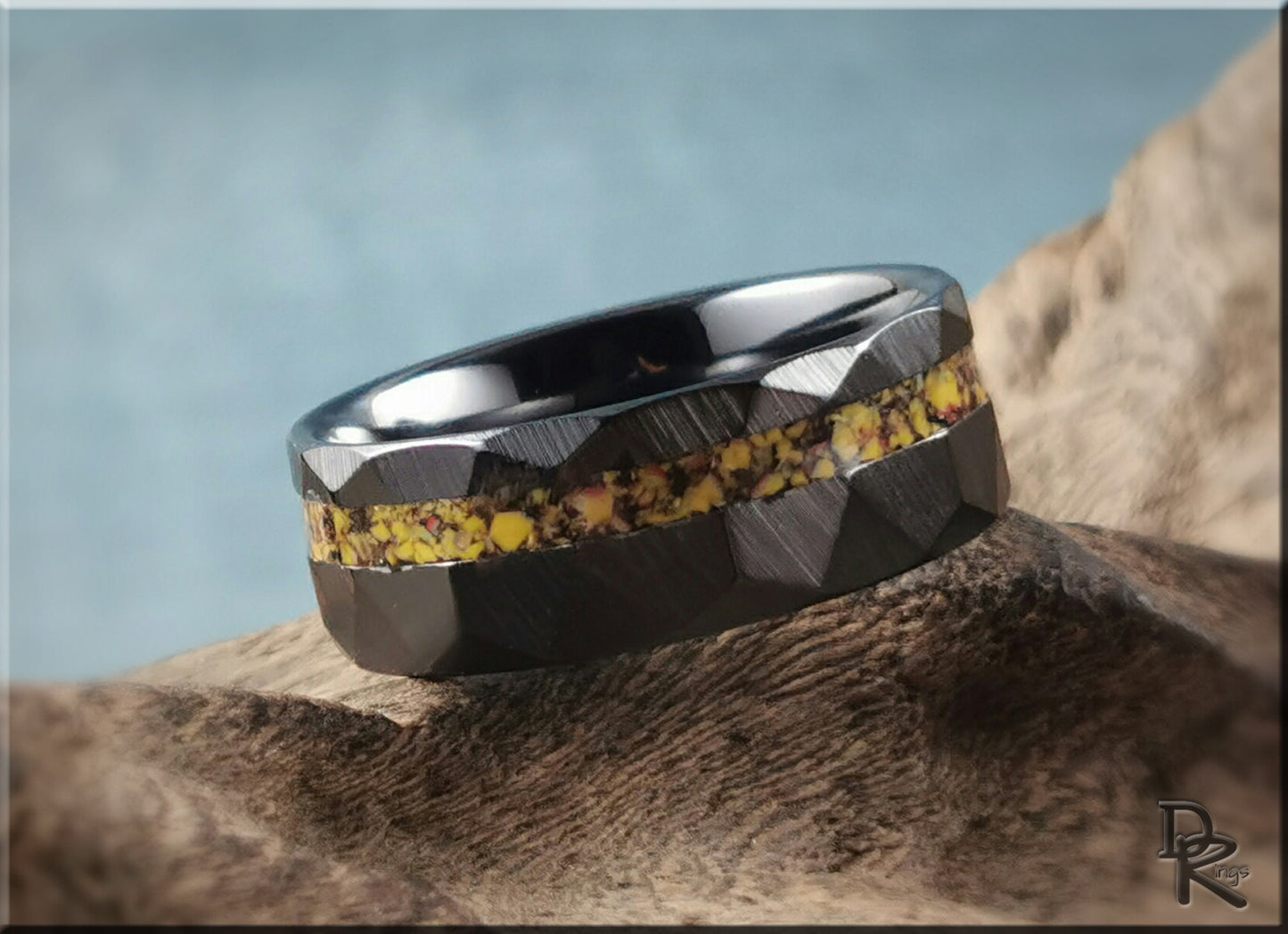 Hammered Black Ceramic Ring w/offset TruStone inlay - 8mm ceramic ring