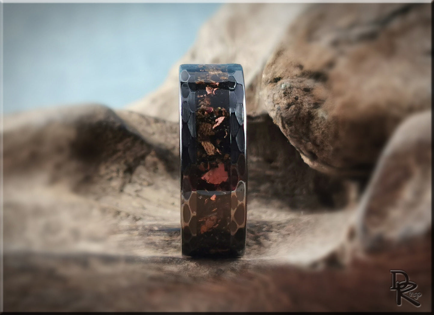 Hammered Black Ceramic Ring w/TruStone and Duckbilled Dino Bone inlay - 8mm ceramic ring