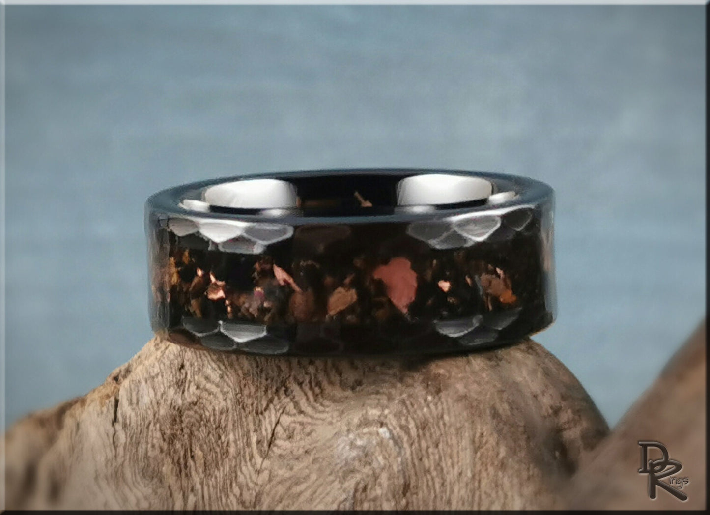 Hammered Black Ceramic Ring w/TruStone and Duckbilled Dino Bone inlay - 8mm ceramic ring