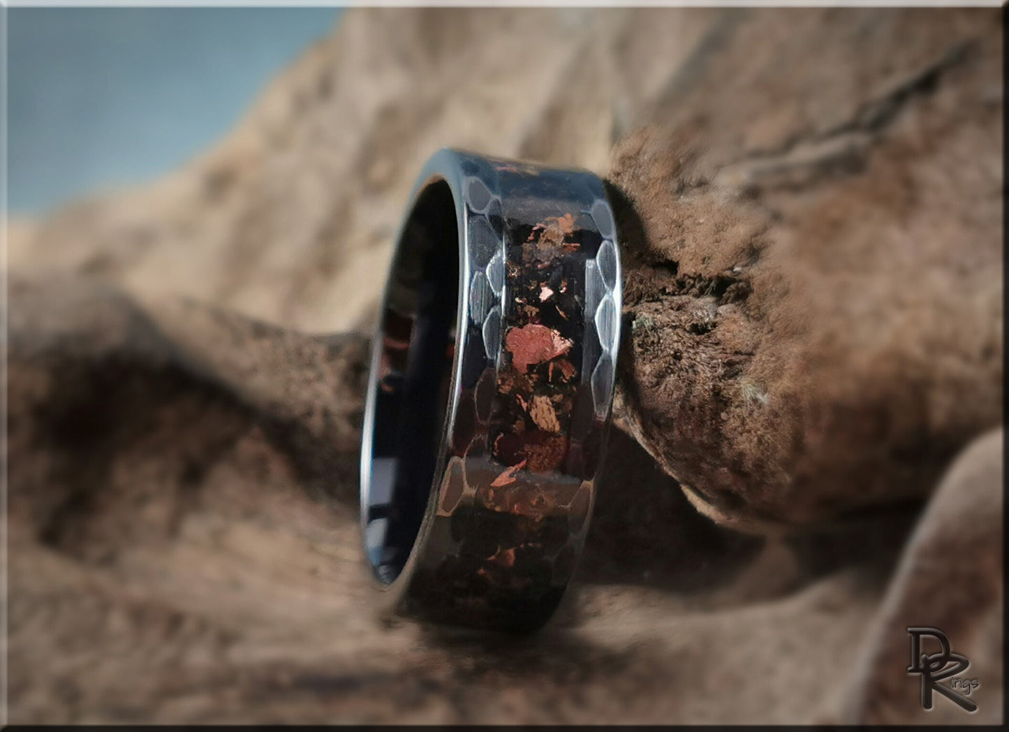 Hammered Black Ceramic Ring w/TruStone and Duckbilled Dino Bone inlay - 8mm ceramic ring