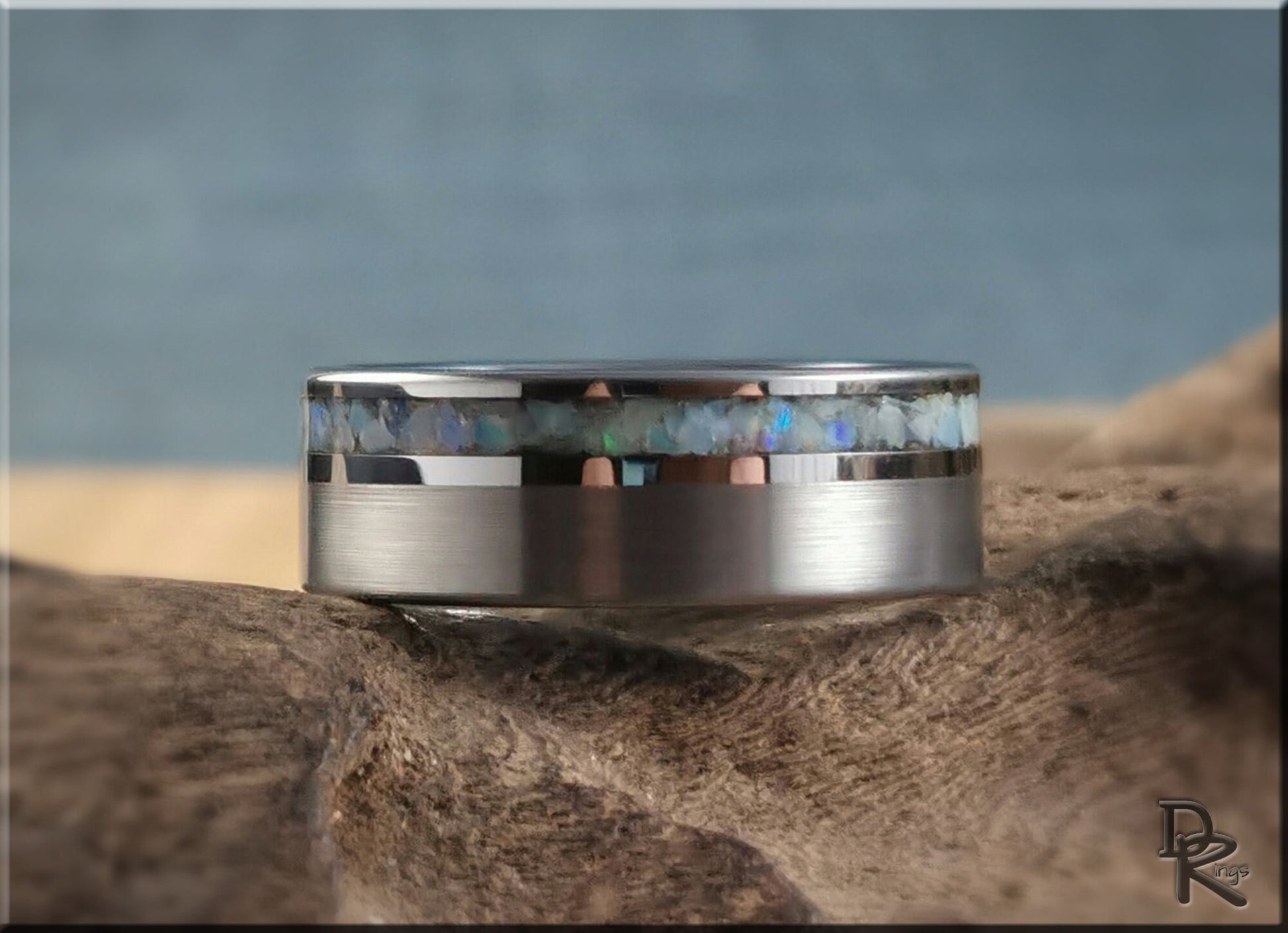 Hammered Tungsten Carbide Channel Ring w/offset Australian Cream Opal inlay - metal ring