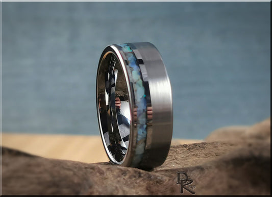 Hammered Tungsten Carbide Channel Ring w/offset Australian Cream Opal inlay - metal ring